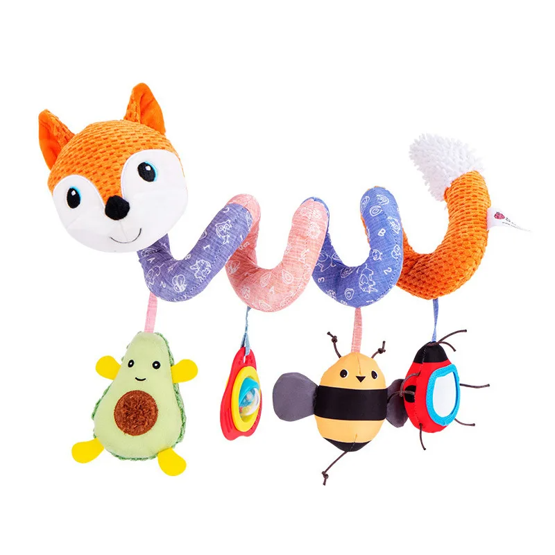 Soft developmental car seat spiral toy with rings & textures for baby's sensory exploration on the go.