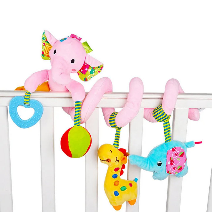 Multi-textured plush spiral baby toy with vibrant colors. Promotes motor skill & visual development.