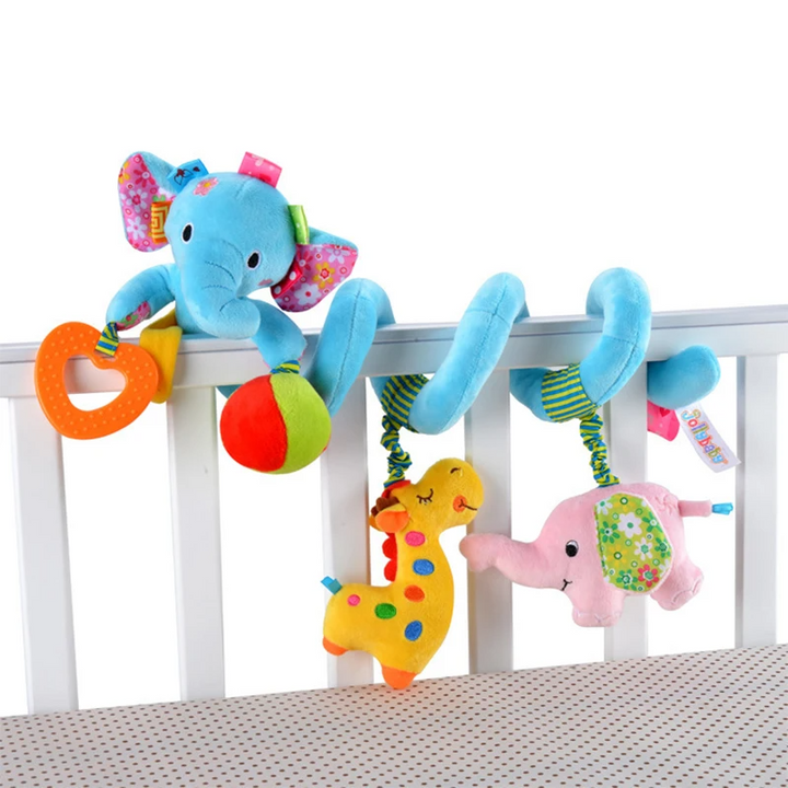 Infant developmental spiral activity toy with soft animals & textures. Boosts sensory skills & engagement.