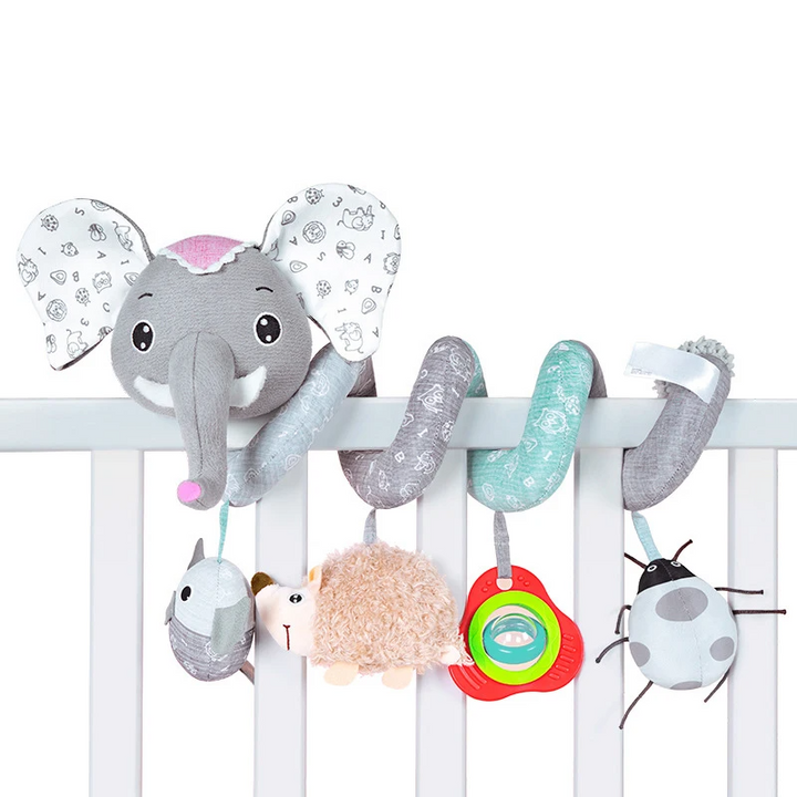 Soft sensory spiral activity toy easily attaches to car seat. Keeps baby happy, engaged, & entertained.