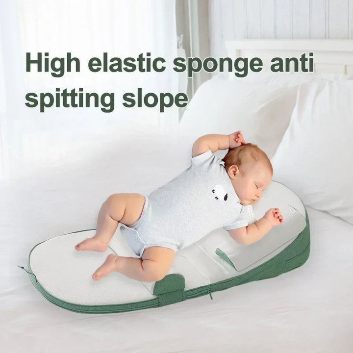 Brown baby anti-reflux wedge pillow, perfect for safe side sleeping & newborn comfort in any nursery.