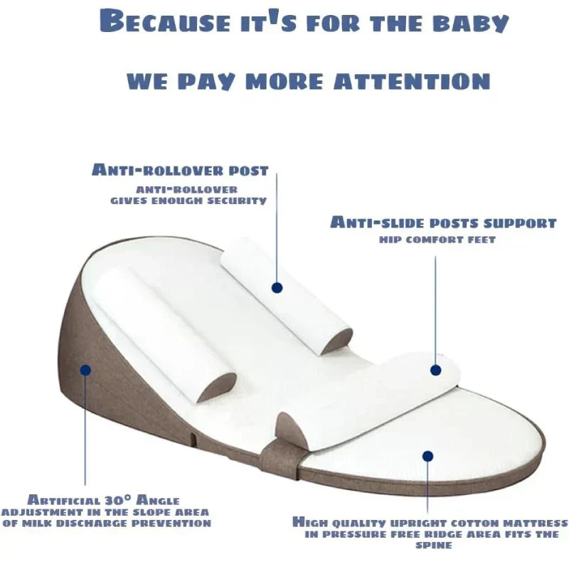 Ergonomic baby wedge pillow for safe side sleeping, offering anti-reflux support & comfortable infant sleep.