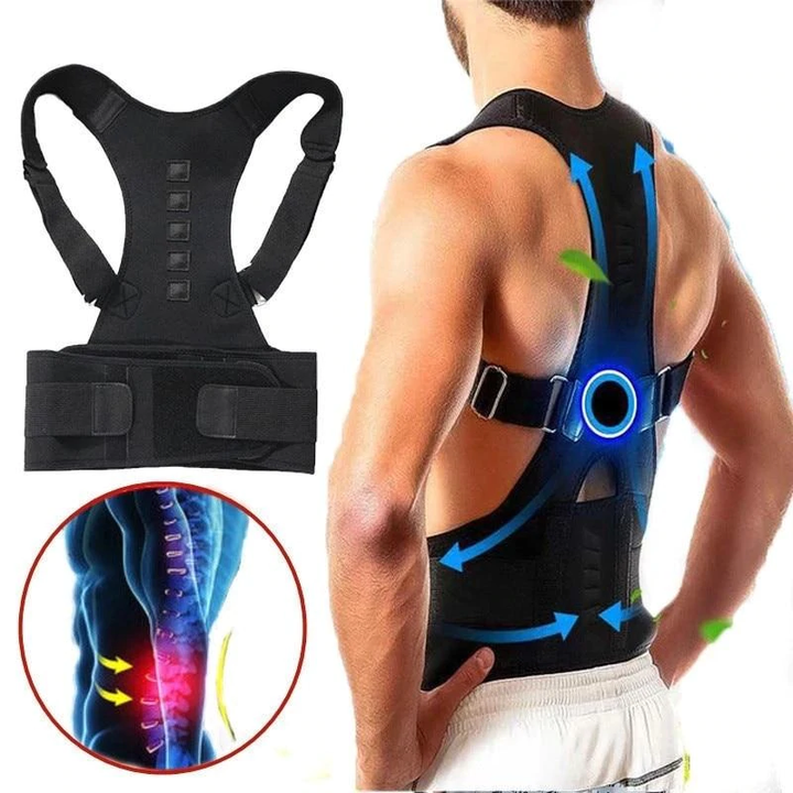 Unisex posture corrector & magnetic back support. Adjustable ergonomic brace for spine health, pain relief & comfort.