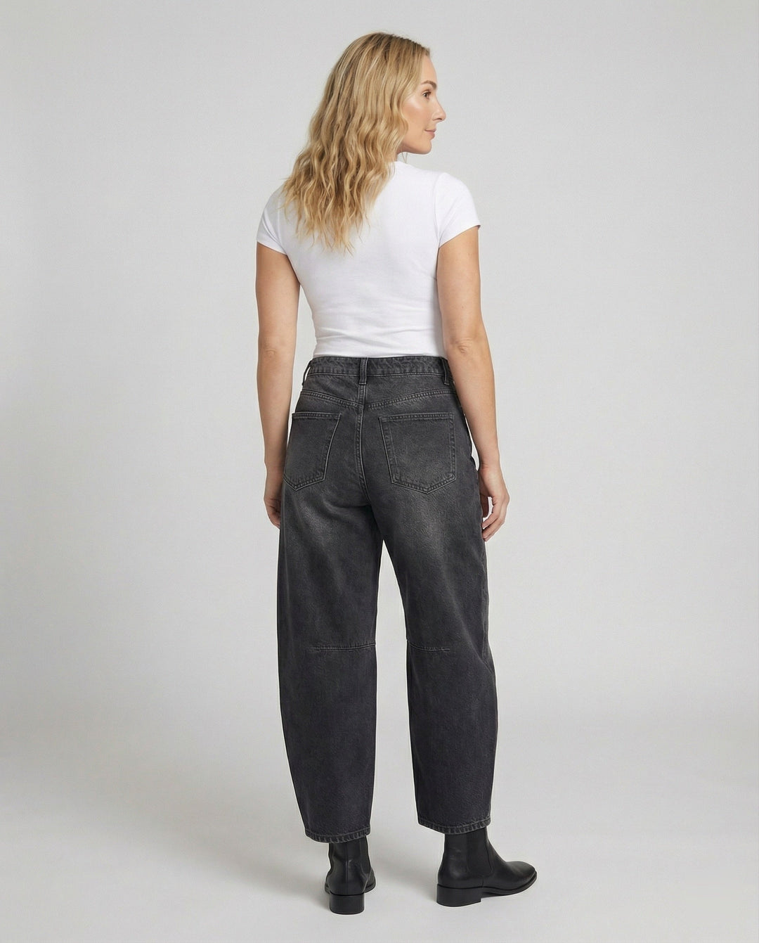 Versatile women's relaxed fit barrel jeans, mid-rise denim perfect for trendy everyday styling.