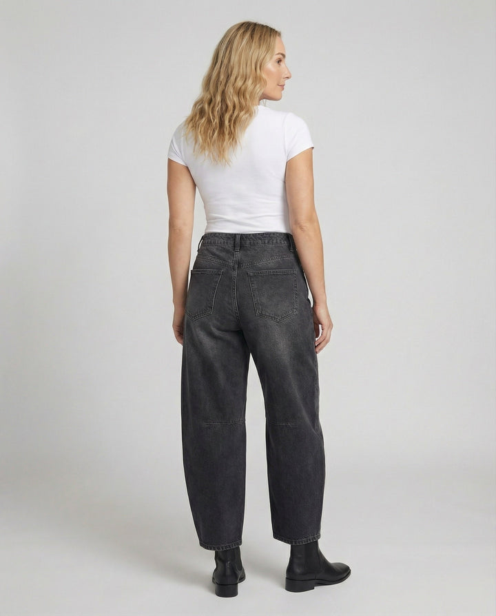 Versatile women's relaxed fit barrel jeans, mid-rise denim perfect for trendy everyday styling.