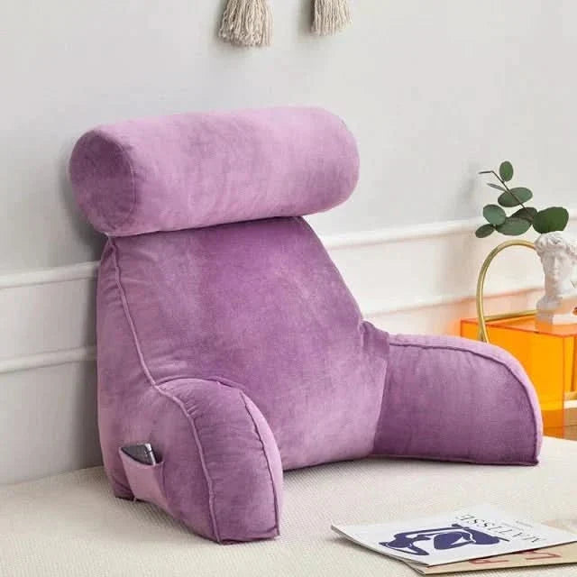 Ergonomic backrest pillow with arm support & convenient pocket. Soft velvet comfort cushion for reading in bed or on sofa.