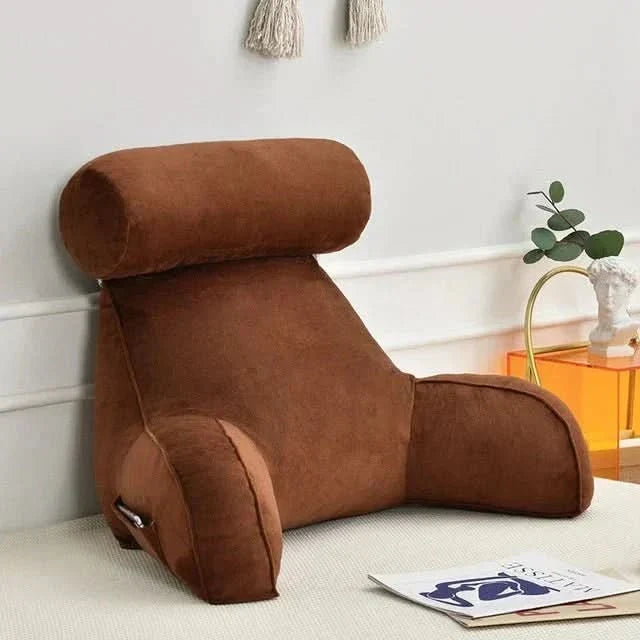 Velvet reading pillow featuring sturdy arm support & side pocket. Memory foam comfort cushion for relaxing or reading.