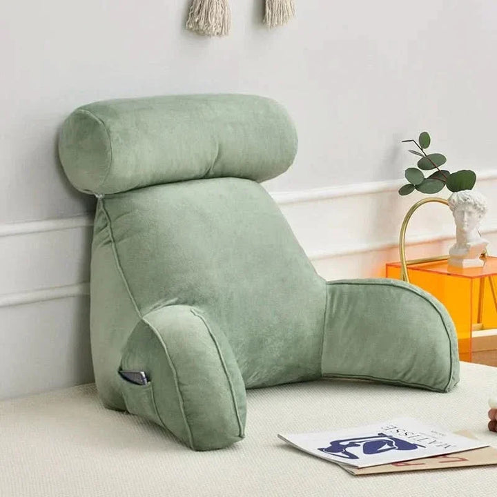 Deluxe reading pillow with adjustable headrest, armrests, & pocket. Memory foam backrest for ultimate lounge & bed comfort.