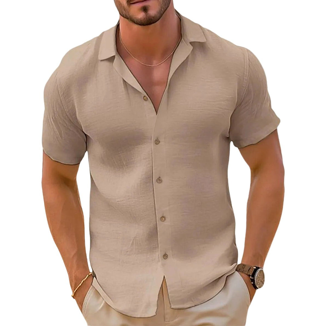 Men's casual short-sleeve button-up shirt, perfect for summer, warm weather & resort wear.
