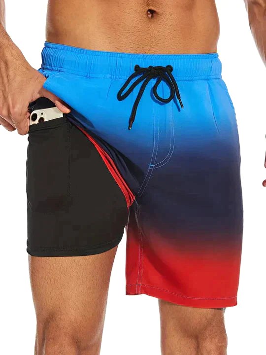 Vibrant tropical print men's swim shorts. Comfortable drawstring waist, perfect for summer beach fashion.