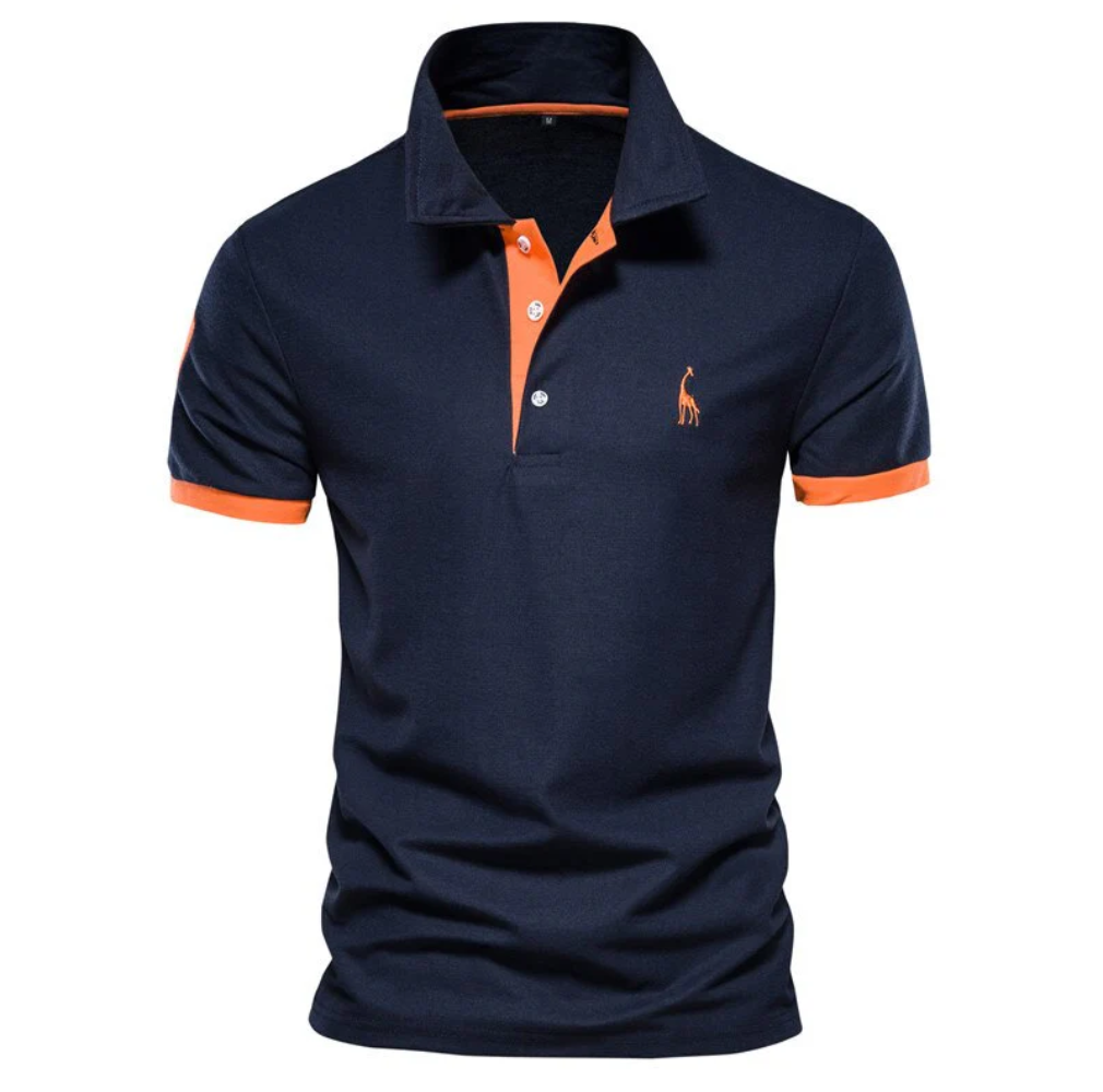 A well-fitted men's classic polo shirt, featuring short sleeves and button-up design for stylish casual wear.