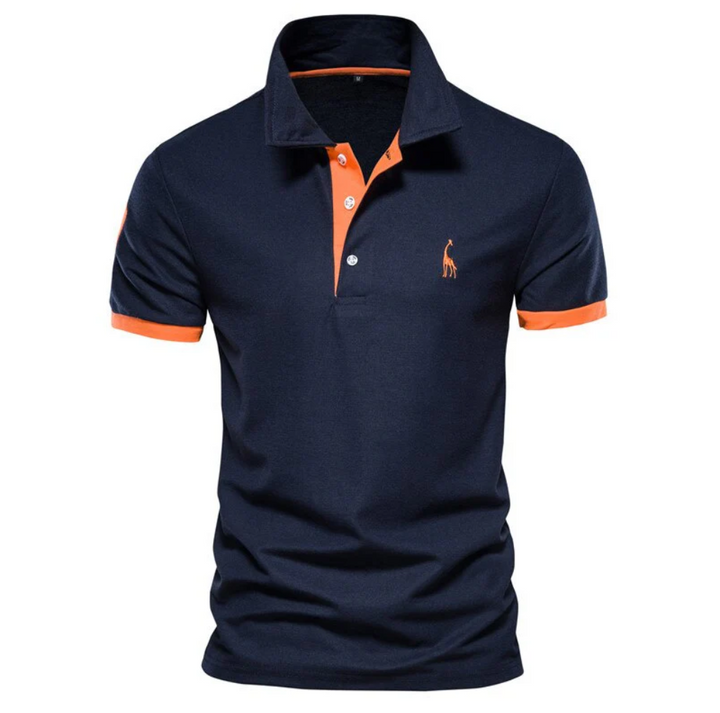 A well-fitted men's classic polo shirt, featuring short sleeves and button-up design for stylish casual wear.