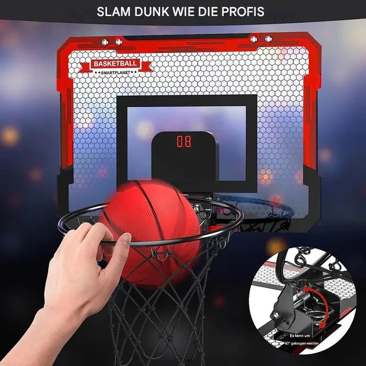 Compact mini basketball hoop with electronic scoreboard, a versatile indoor/outdoor kids' sports toy.