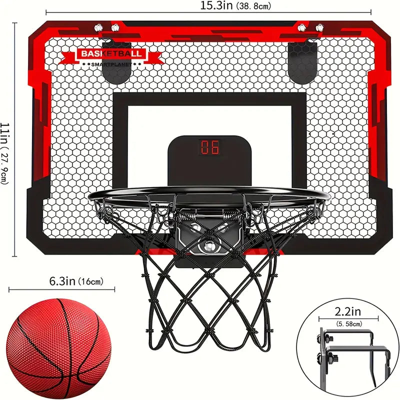 Kids' door-mounted mini basketball hoop toy with electronic scoreboard for indoor/outdoor sports play.