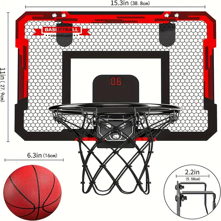 Kids' door-mounted mini basketball hoop toy with electronic scoreboard for indoor/outdoor sports play.