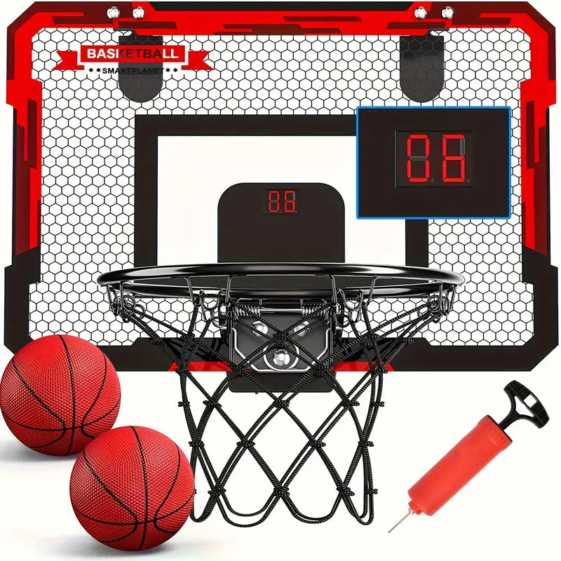 Mini basketball hoop with electronic scoreboard, door-mounted for indoor & outdoor kids' sports games.