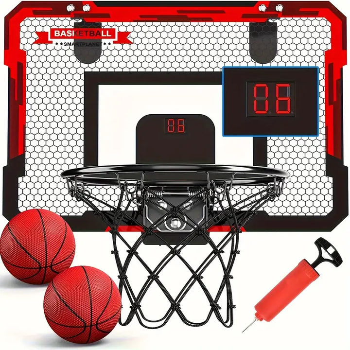 Mini basketball hoop with electronic scoreboard, door-mounted for indoor & outdoor kids' sports games.