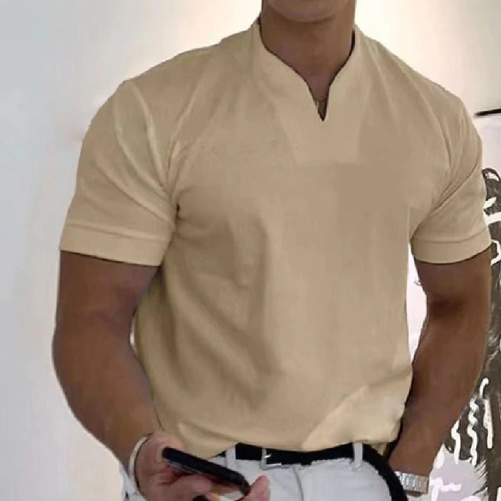 Soft men's V-neck tee, offering a comfortable slim fit, ideal as a stylish summer top.