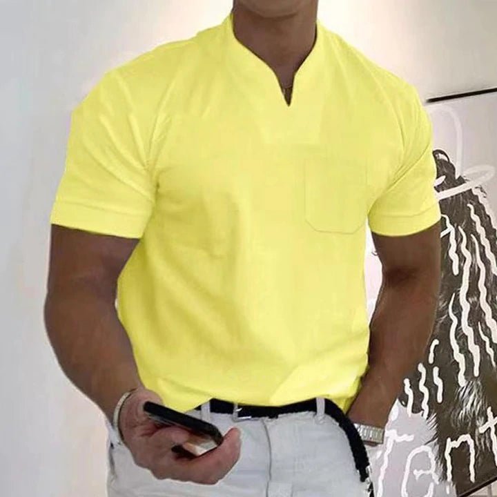 Men's casual V-neck t-shirt, short sleeve with a slim fit, perfect for layering or solo wear.