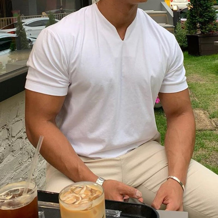 Stylish men's basic V-neck t-shirt, designed for ultimate comfort and a sleek slim fit.