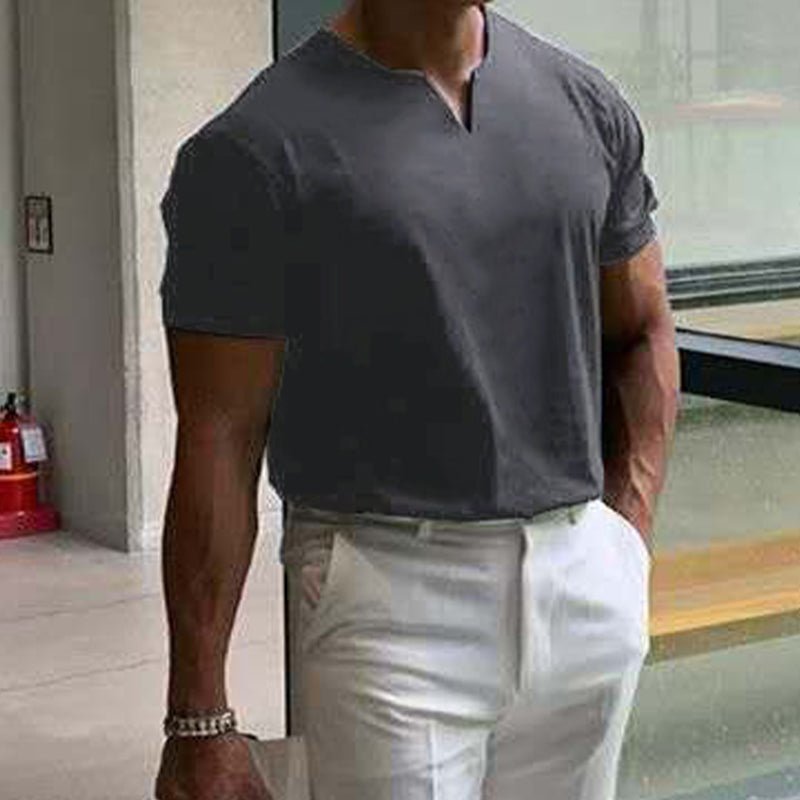 Versatile men's short sleeve V-neck top, ideal for casual outfits & warm weather comfort.