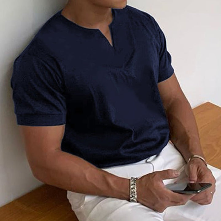 Men's slim-fit V-neck t-shirt, essential for modern men's fashion and everyday layering.