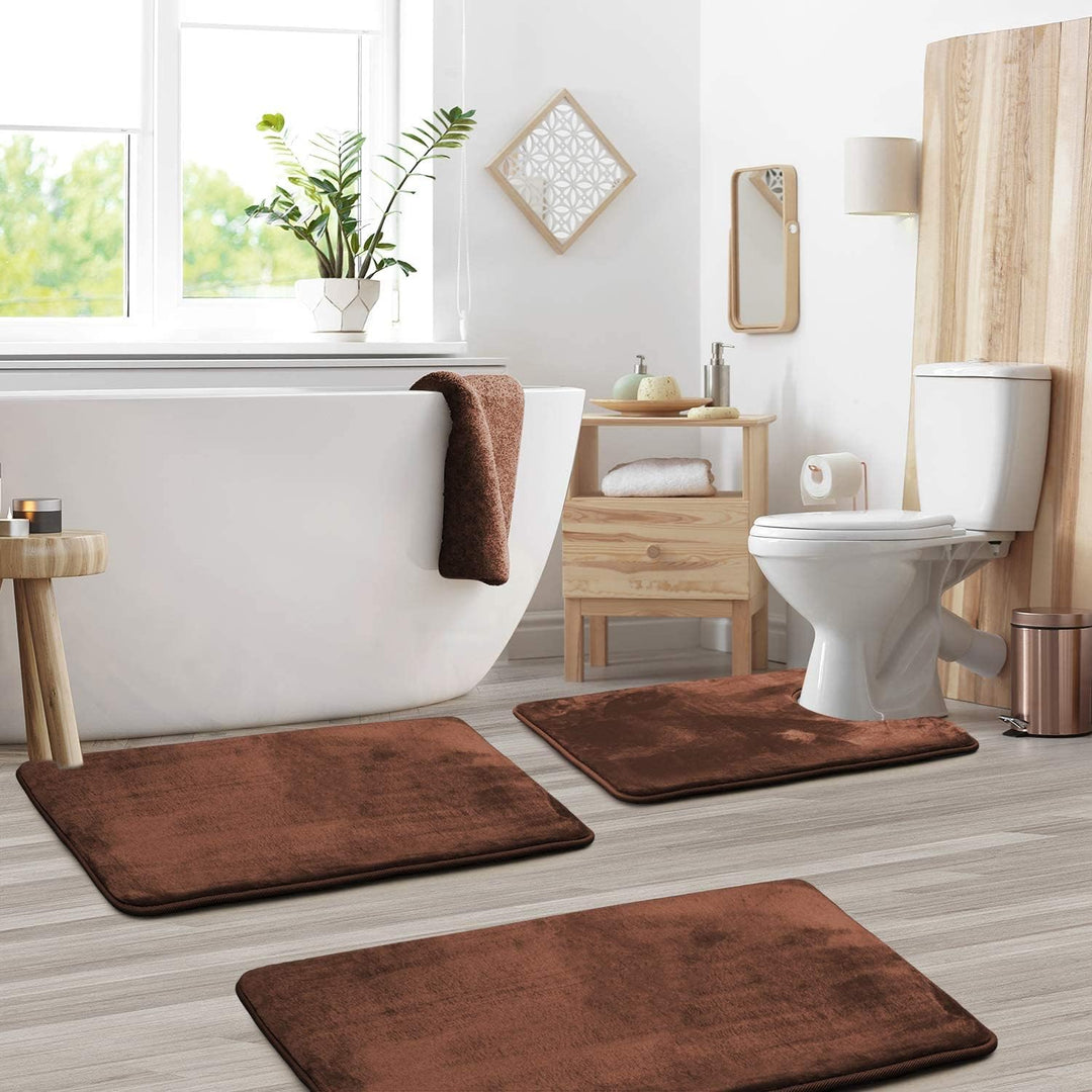 Anti-slip memory foam bathroom mat set. Absorbent bath rugs ensure safety & comfort in any bathroom.