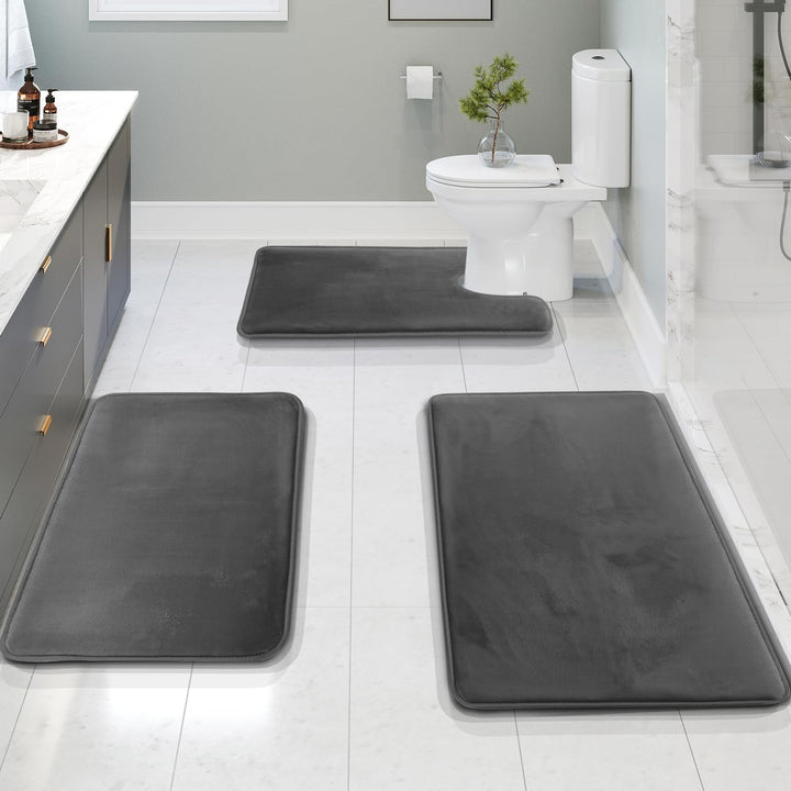 Highly absorbent memory foam bathroom mat set. Quick-dry, anti-slip bath rugs for a safe & clean bath.
