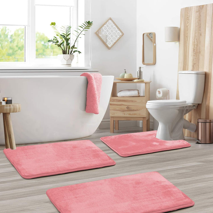 Full 3-piece memory foam bathroom mat set. Absorbent & anti-slip bath rugs for unified home decor.