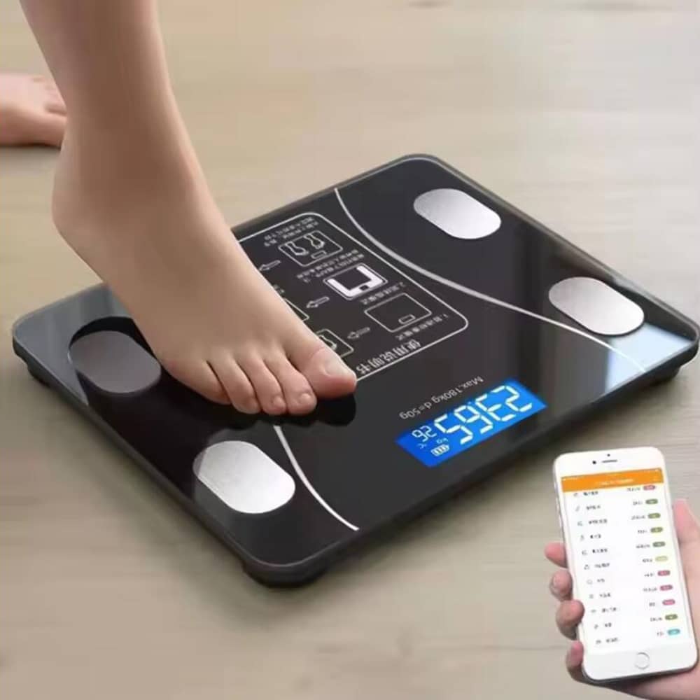 Unisex smart digital body weight scale with Bluetooth. Tracks BMI, body composition, and health metrics.