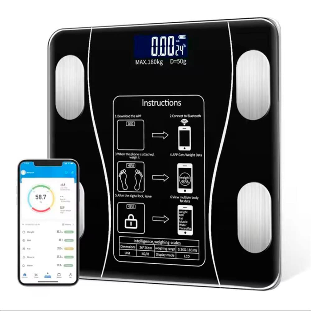 Sleek tempered glass smart bathroom scale. Digital display, tracks weight, BMI, and body composition via Bluetooth.