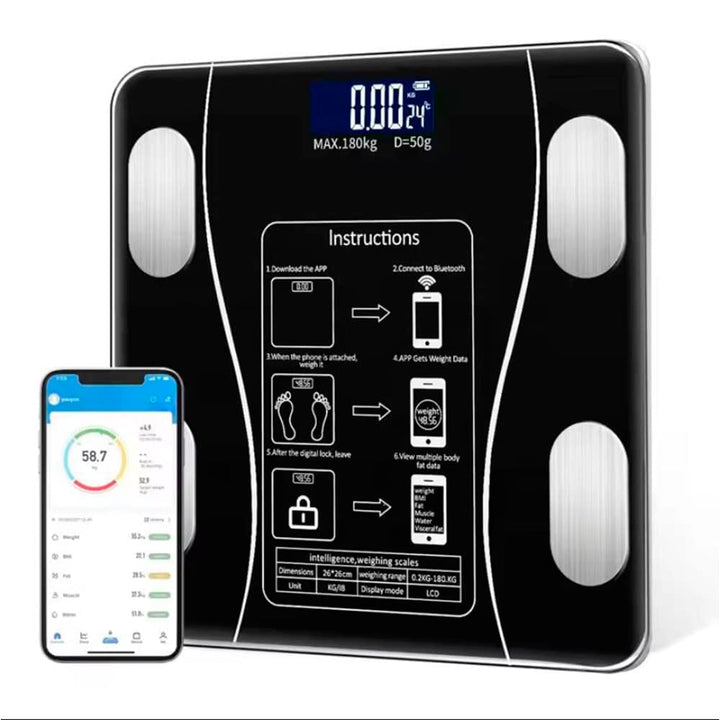 Sleek tempered glass smart bathroom scale. Digital display, tracks weight, BMI, and body composition via Bluetooth.