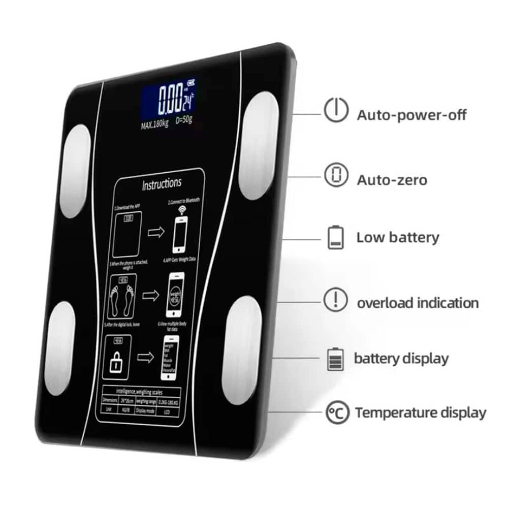Bluetooth smart scale for fitness tracking. Monitor body weight, BMI, and health metrics easily at home.
