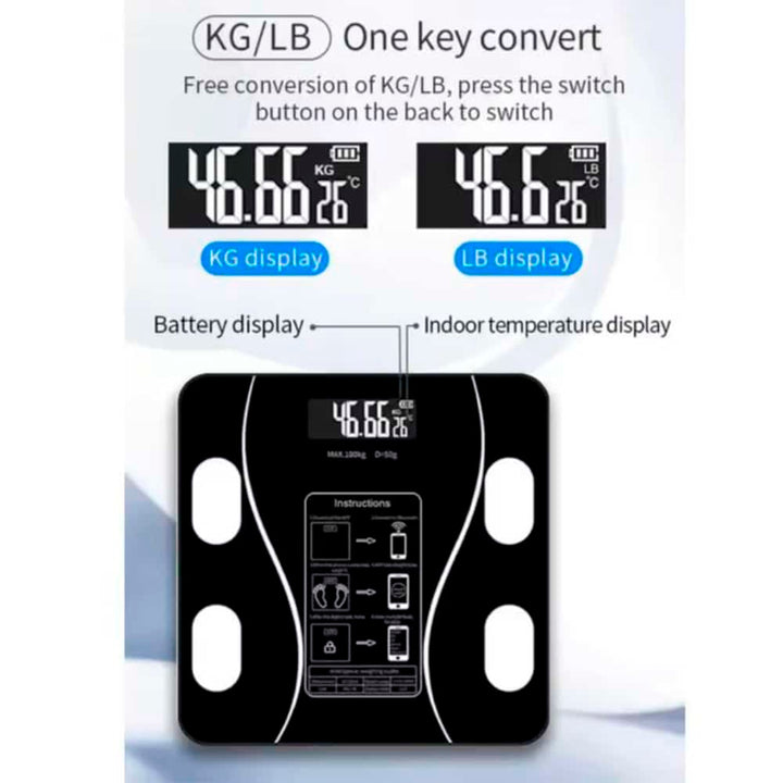 Home gym essential: Unisex smart digital scale, Bluetooth synced for weight, BMI, and fitness tracking.