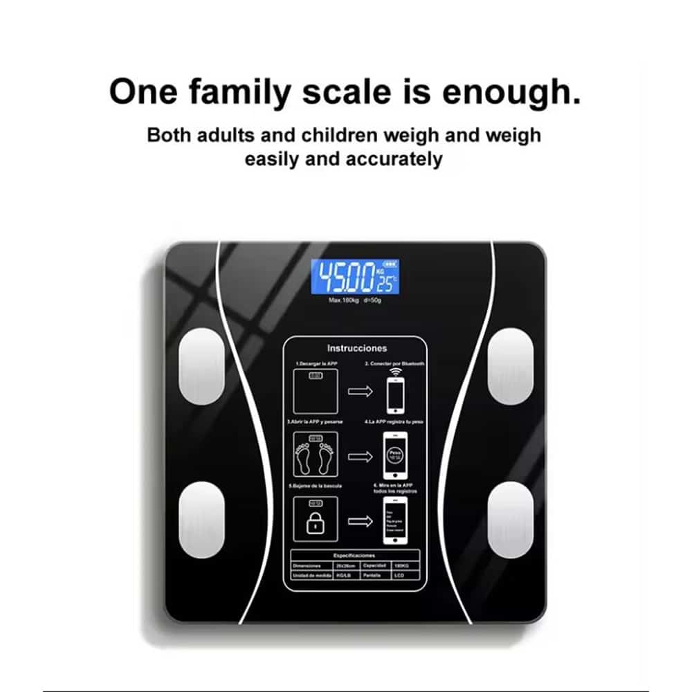 Accurate smart digital bathroom scale monitors weight, BMI, and body composition data via Bluetooth app.
