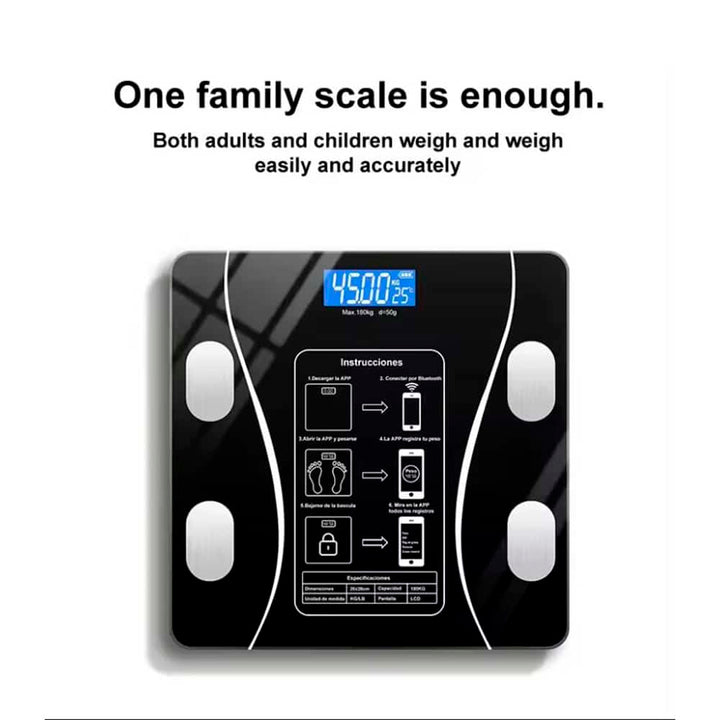 Accurate smart digital bathroom scale monitors weight, BMI, and body composition data via Bluetooth app.