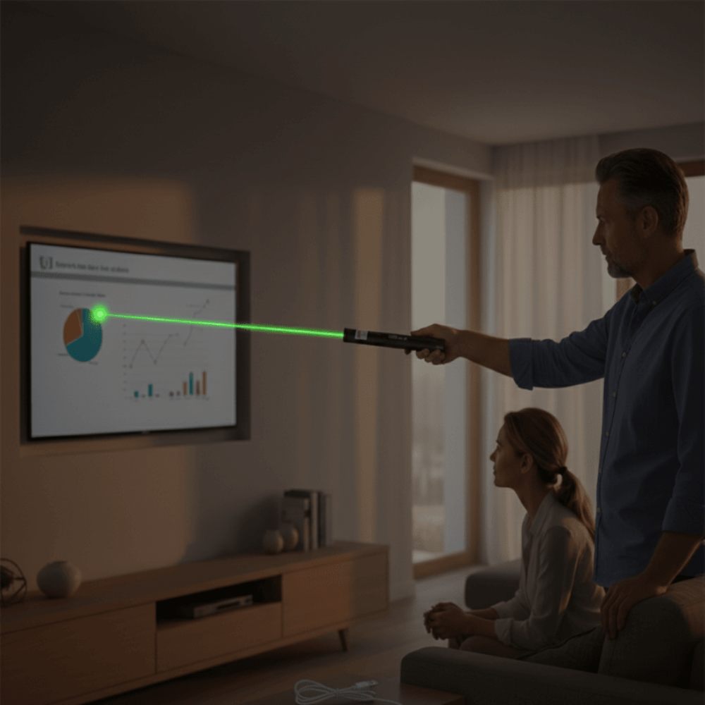 Long-range laser pointer illuminating distant objects for stargazing or outdoor demonstrations. Adjustable focus, aluminum body.