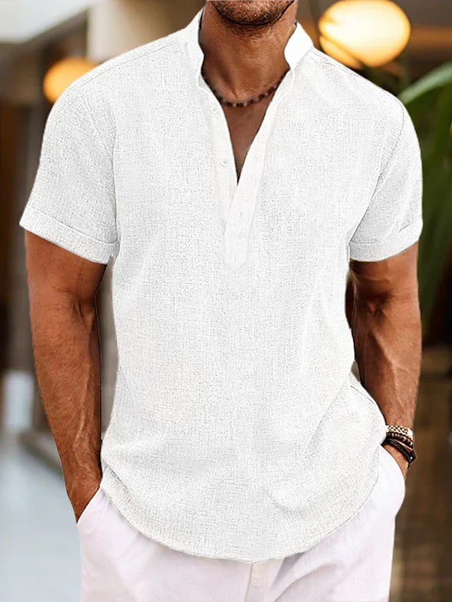Versatile men's short sleeve henley shirt, great for everyday summer fashion & casual outfits.