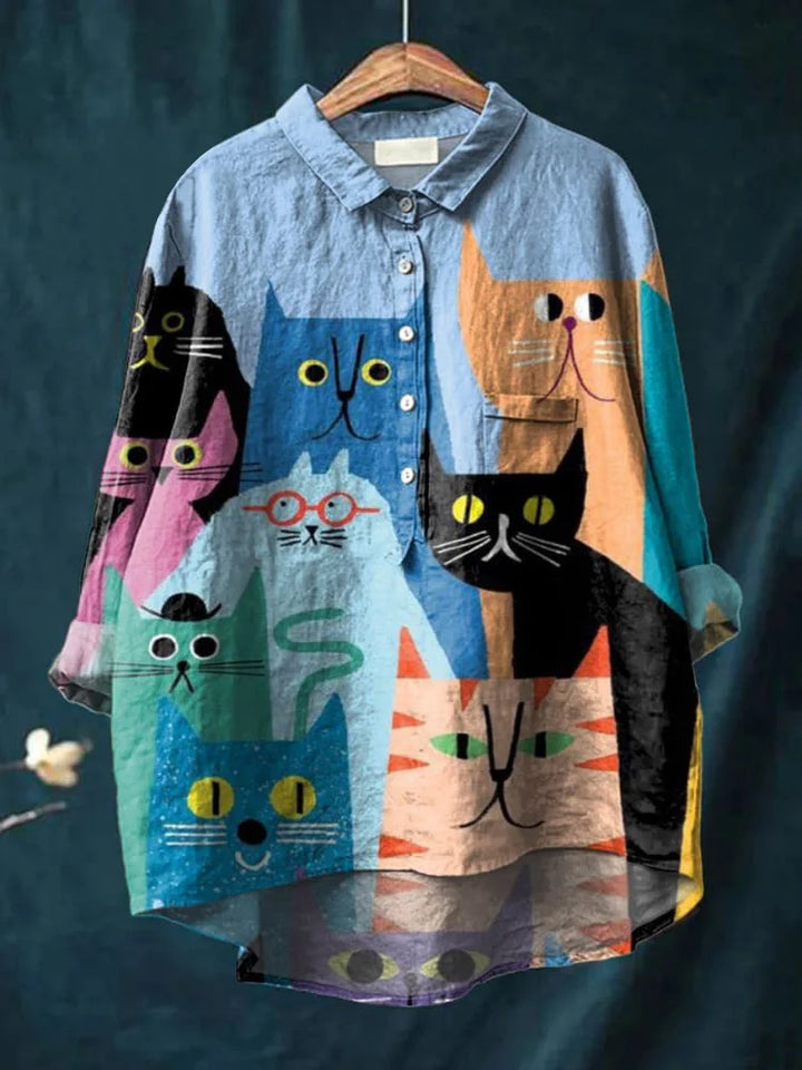 Artistic men's casual shirt featuring a vibrant, whimsical dog and cat animal print design.