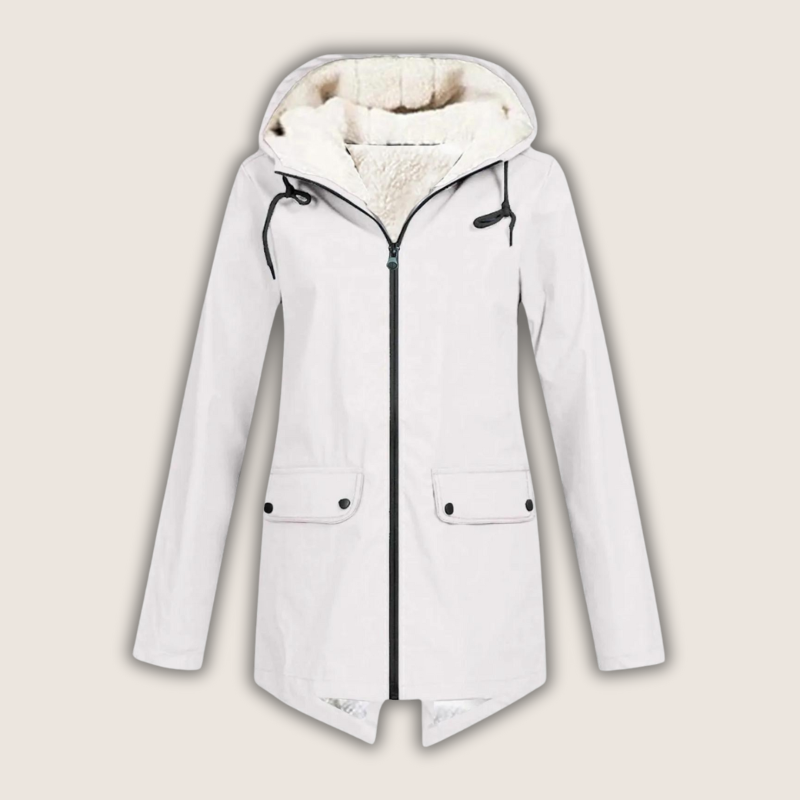 Comfortable women's stylish waterproof rain jacket featuring an adjustable hood, great for city or trail.