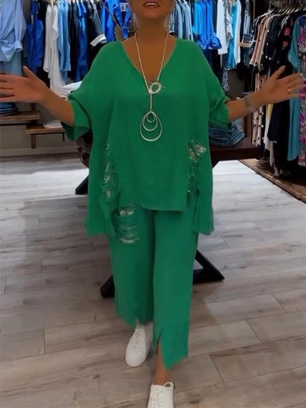 Women's V-Neck Top & Wide Leg Pants Set