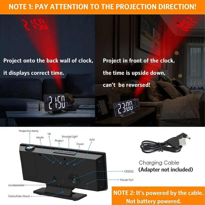 Night view of LED projection clock casting clear digital time onto a bedroom ceiling. Adjustable.