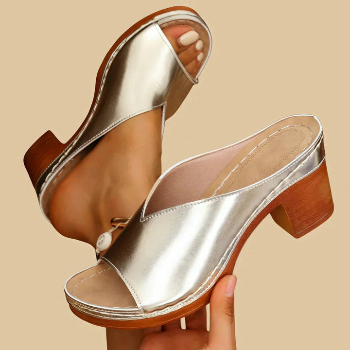 Women's orthopedic slip-on sandals with block heel, offering all-day comfort and support for summer.