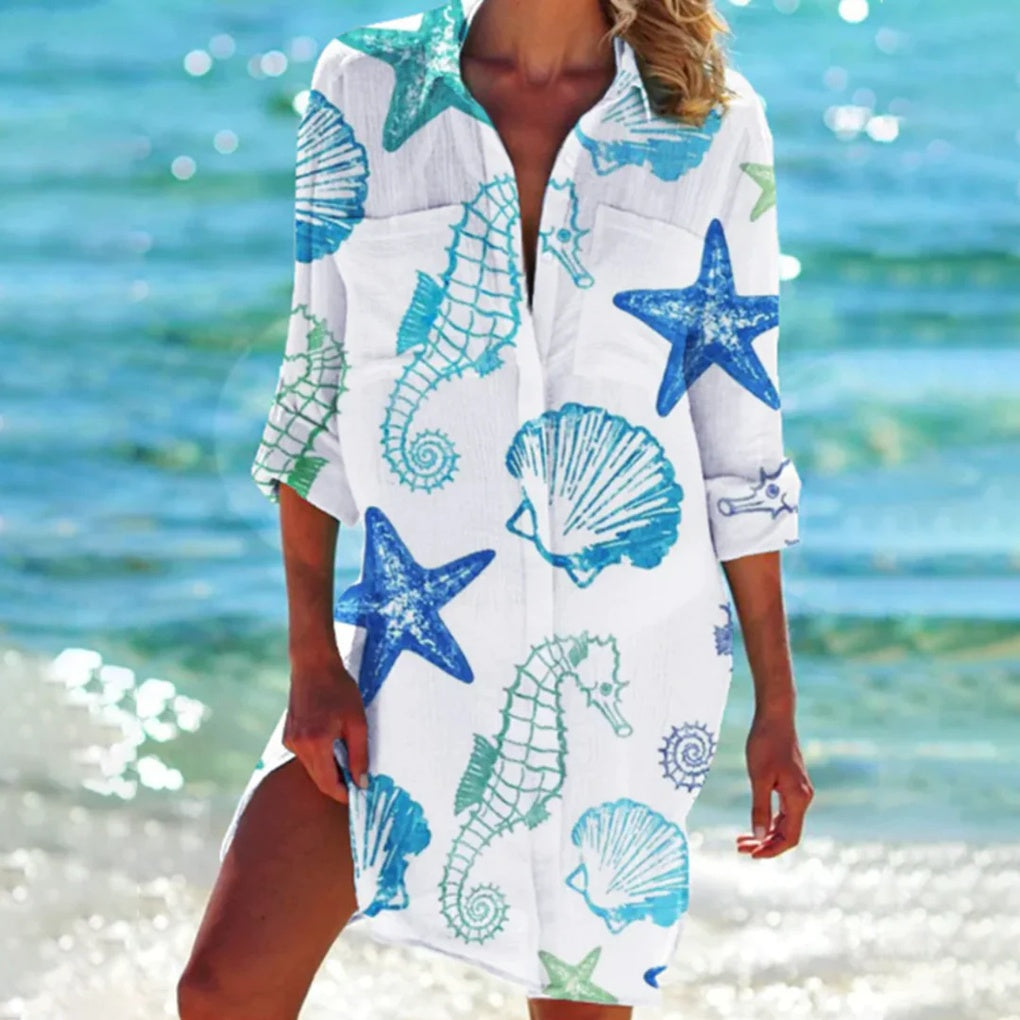 Colorful women's tie-dye summer shirt, casual & stylish, ideal for beach days, vacation, or resort fashion.