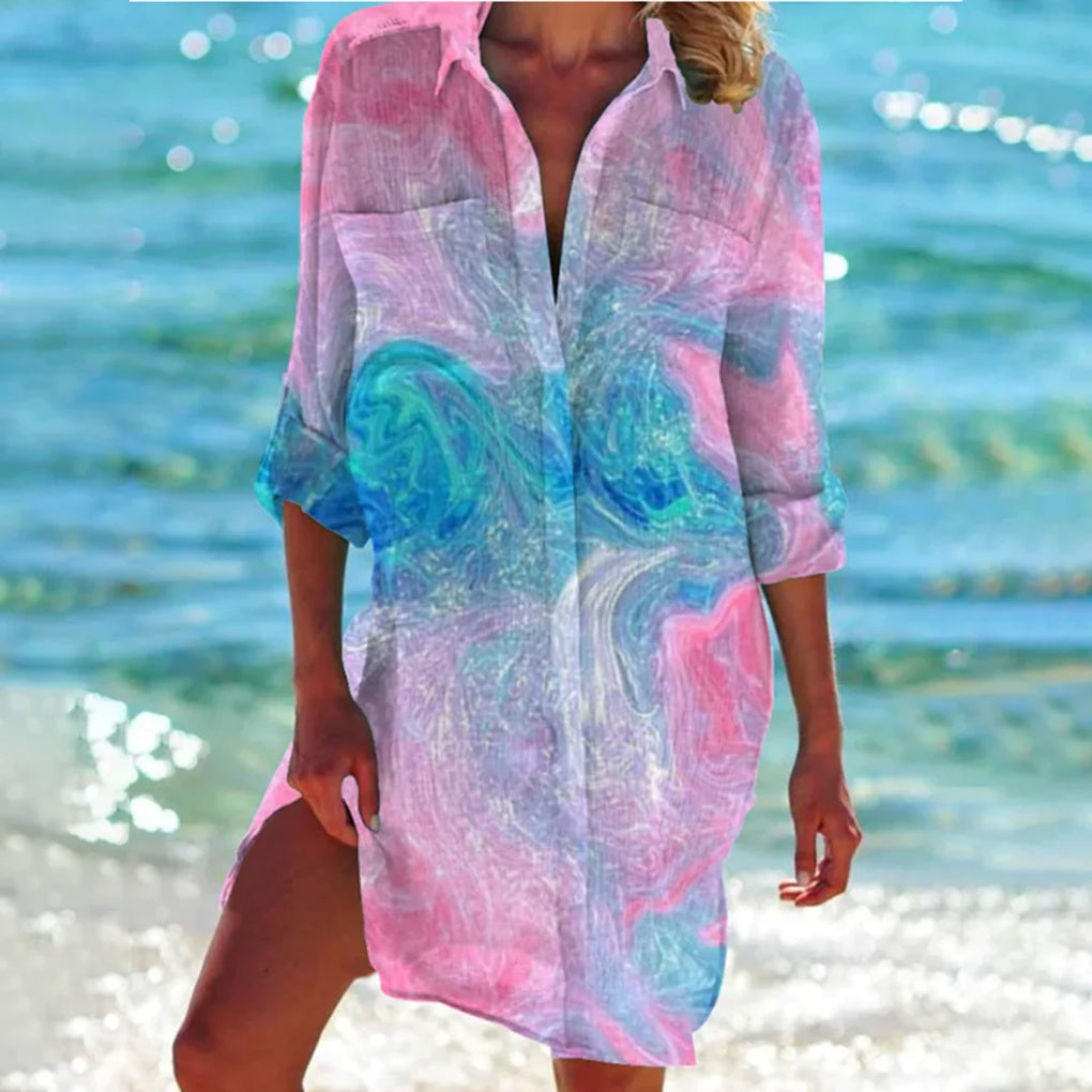 Versatile women's tie-dye beach shirt, short sleeve, colorful, great for summer style, resort wear, or casual days.