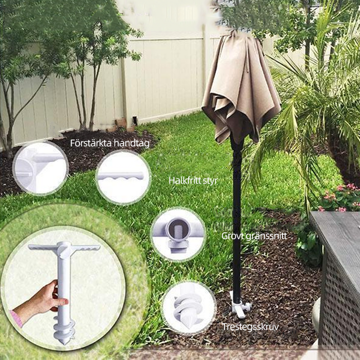 Heavy-duty wind-resistant beach umbrella anchor keeps your shade stable in sand. Essential accessory.