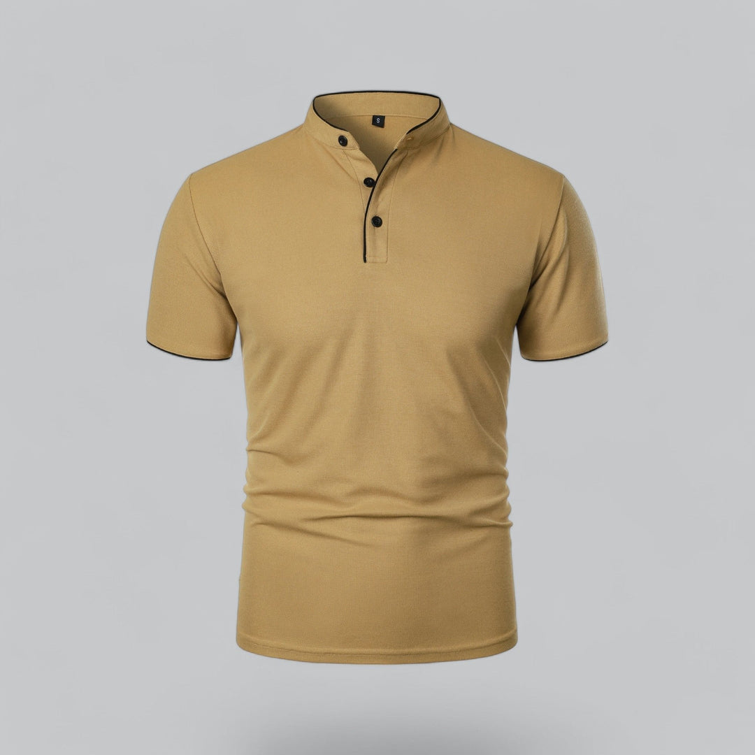 Men's refined three-button mandarin collar polo shirt, short sleeve for smart casual wear.