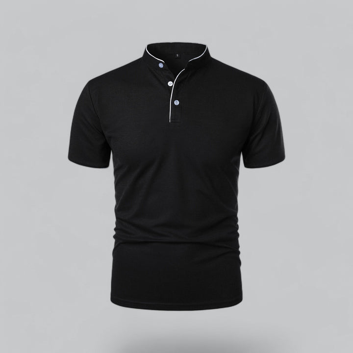 Model wearing a men's short sleeve mandarin collar polo shirt, 3-button style, standing.