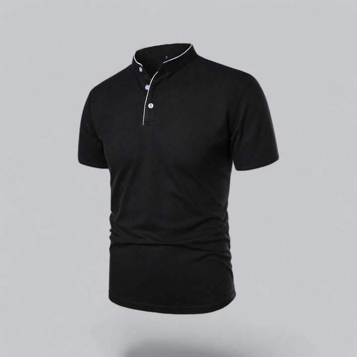 Back view of a men's stylish short sleeve mandarin collar polo shirt, clean design.