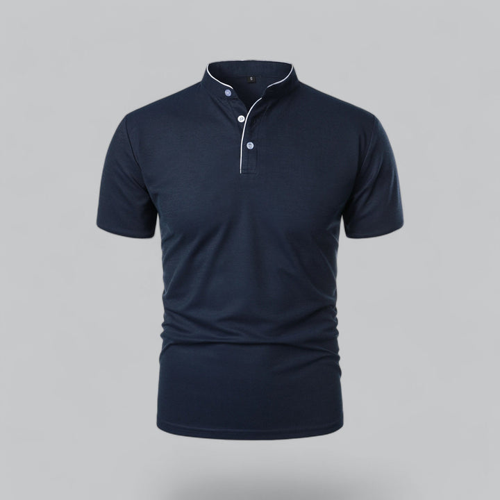 Flat lay of a men's refined mandarin collar 3-button polo shirt, short sleeve, versatile.